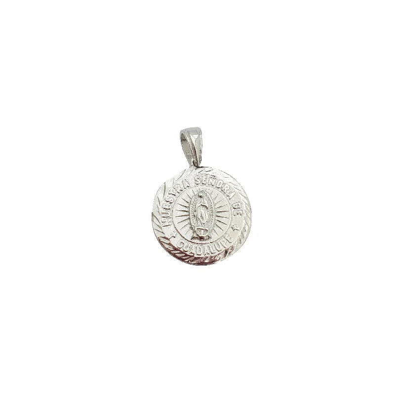 Cross - Stitch - Embroidered Floral Pendant Necklace for Handicraft AficionadosRound Medallion Nuestra Sr. de Guadalupe Pendant (Silver) Cross - Stitch - Embroidered Floral Pendant Necklace for Handicraft AficionadosRound Medallion Nuestra Sr. de Guadalupe Pendant (Silver)