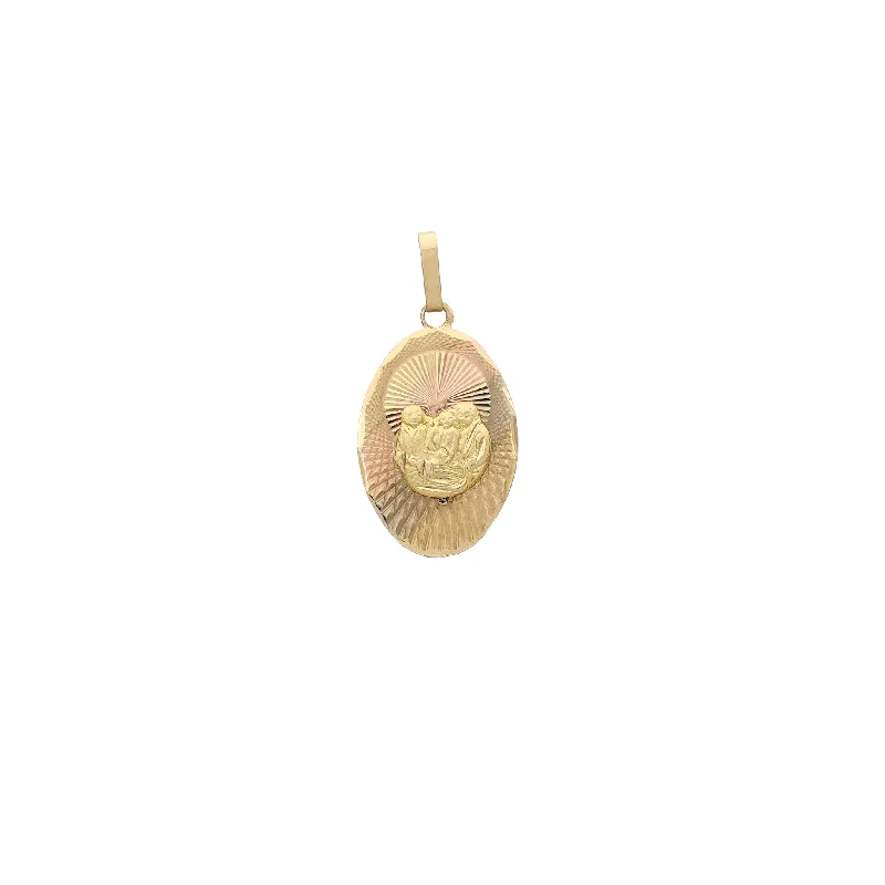 Rhinestone - Encrusted Crown Pendant for Little Girls' Dress - UpTri-Tone Regal Diamond-Cuts Oval Holy Family Medallion Pendant (14K) Rhinestone - Encrusted Crown Pendant for Little Girls' Dress - UpTri-Tone Regal Diamond-Cuts Oval Holy Family Medallion Pendant (14K)